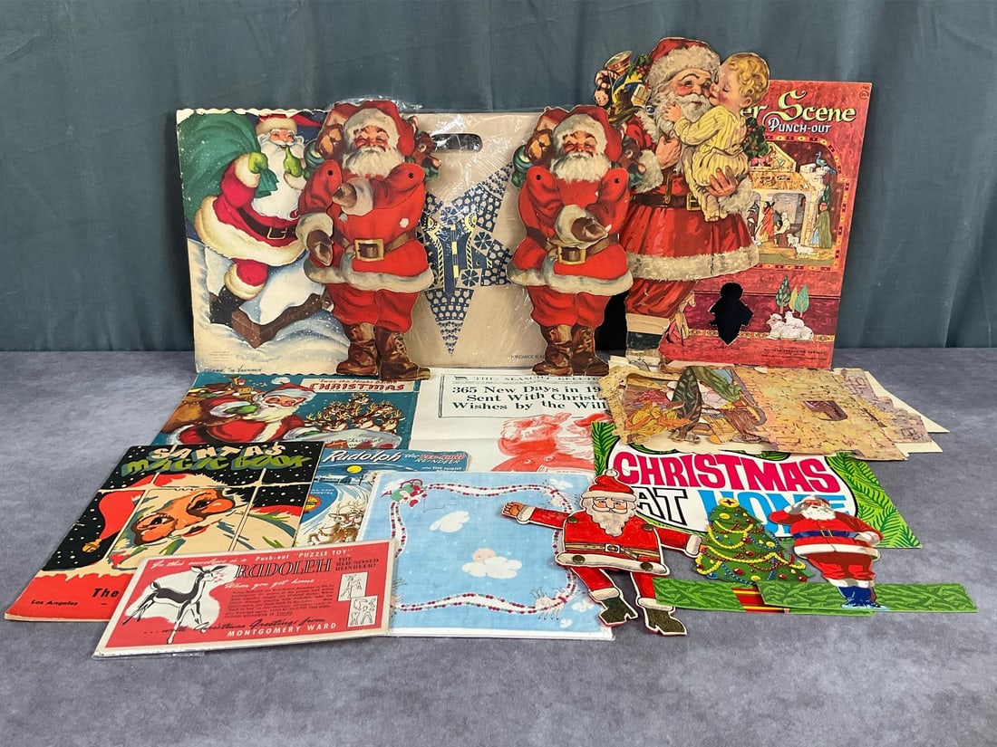 1940s Christmas Books & Ephemera: 1949 Night Before Christmas book, 1940 Santa's Magic Book, Santa diecuts, 1950s Christmas records, modern lighted paper star from India, and more. Large Santa is missing a foot and one leg has come of