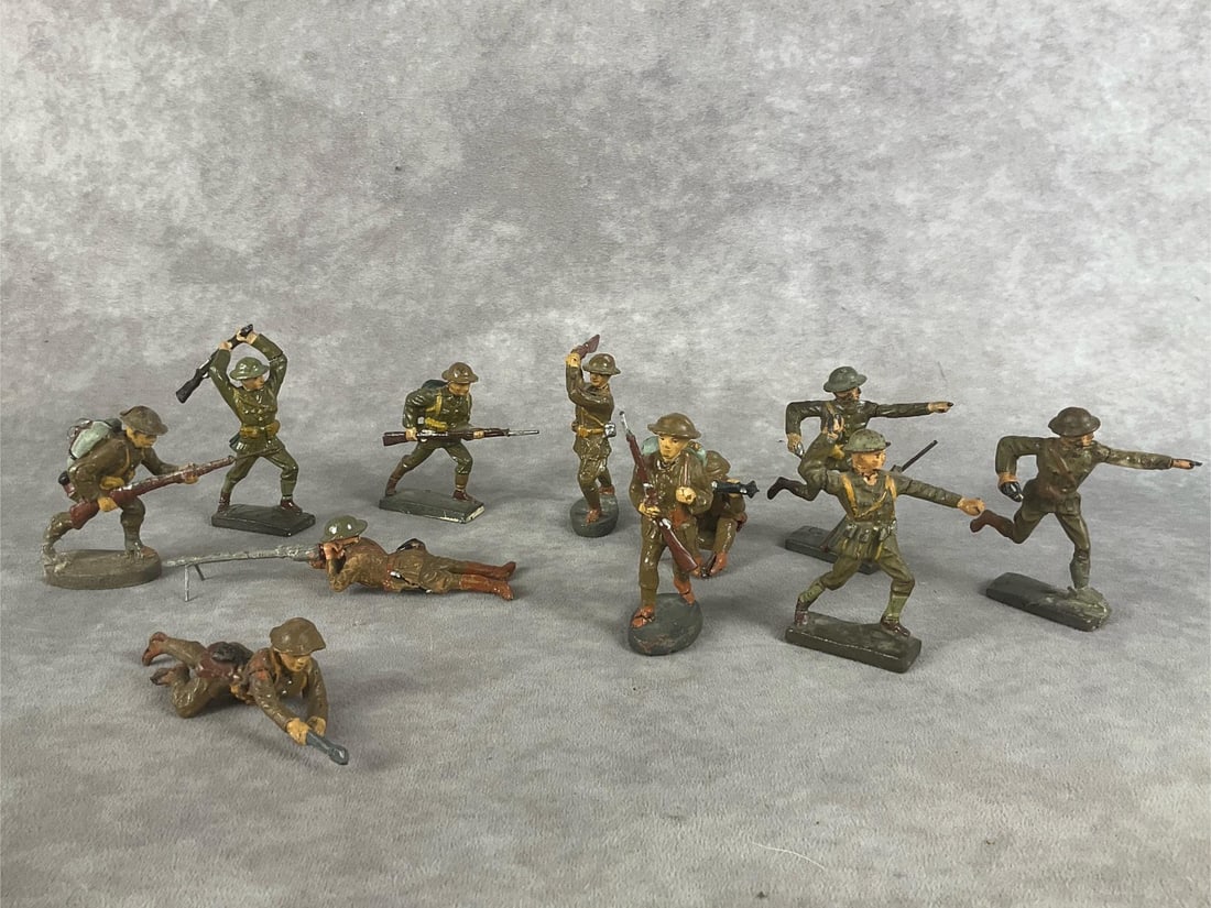 British & American Composite Soldiers: Eleven total. Most are marked Elastolin or Lineol. All soldiers have paint loss, touch up, cracks and damage. Fair to good condition, tallest is 3 inches.