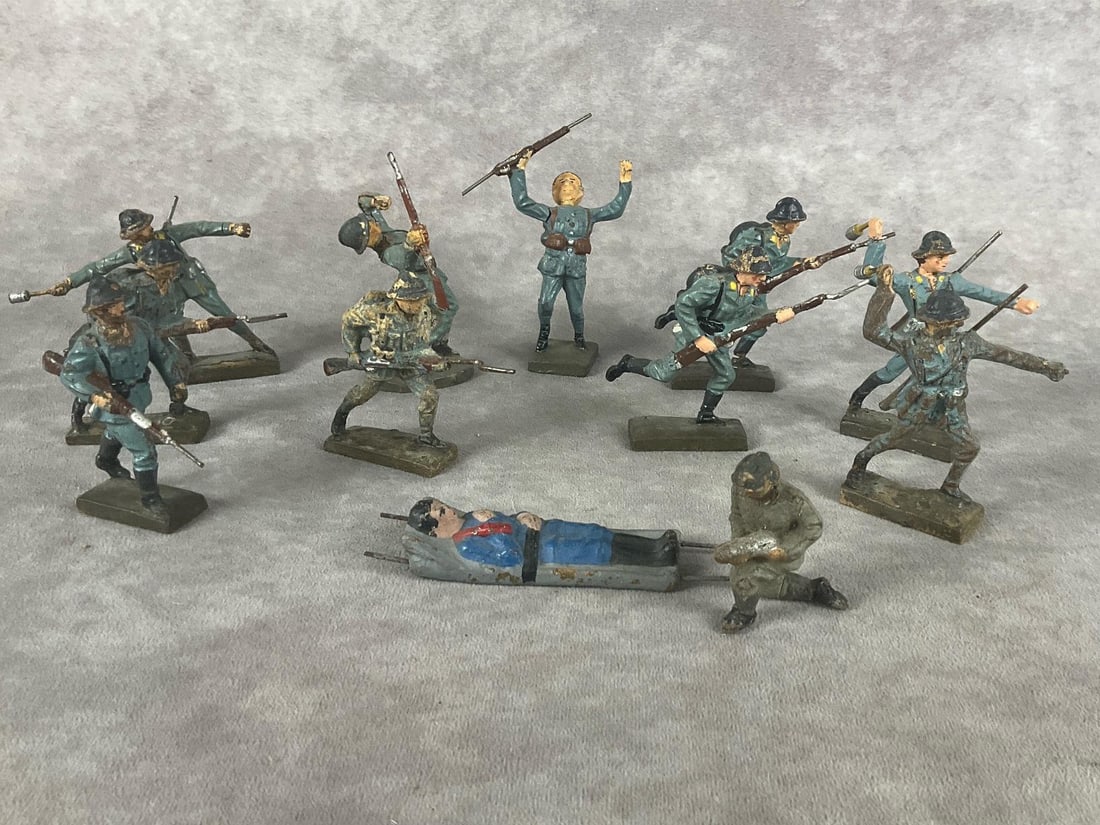 French Hauser Composite Soldiers: Group of 12 soldiers. Most are Lineol. Poor to fair condition, with paint loss, cracking, missing pieces and damage. Tallest measures 3.5 inches.