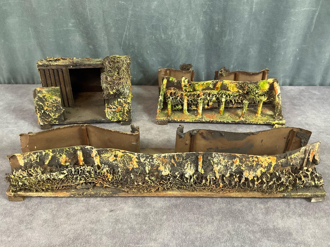 Elastolin Trench & Bunker Sections: Three pieces all marked Germany, made of wood, composite, cardboard, and sea sponge. Some cracking and chipping to composite material, overall good condition. Longest section measures 17 inches long x