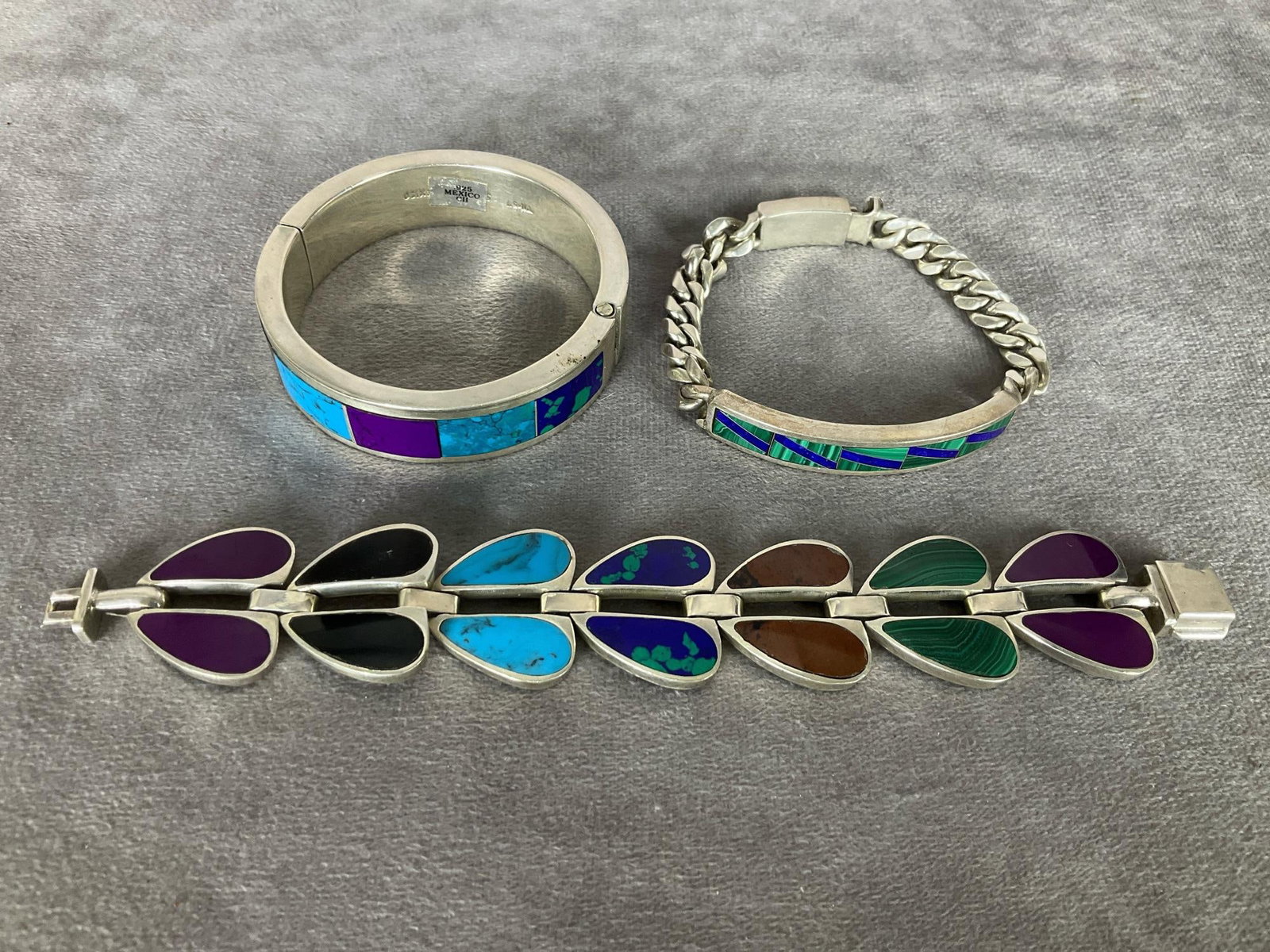 Mexican Silver Inlaid Bracelets: All marked Mexico, two .925 and one .950. Good condition. Bangle that opens has a 2 inch inner diameter.