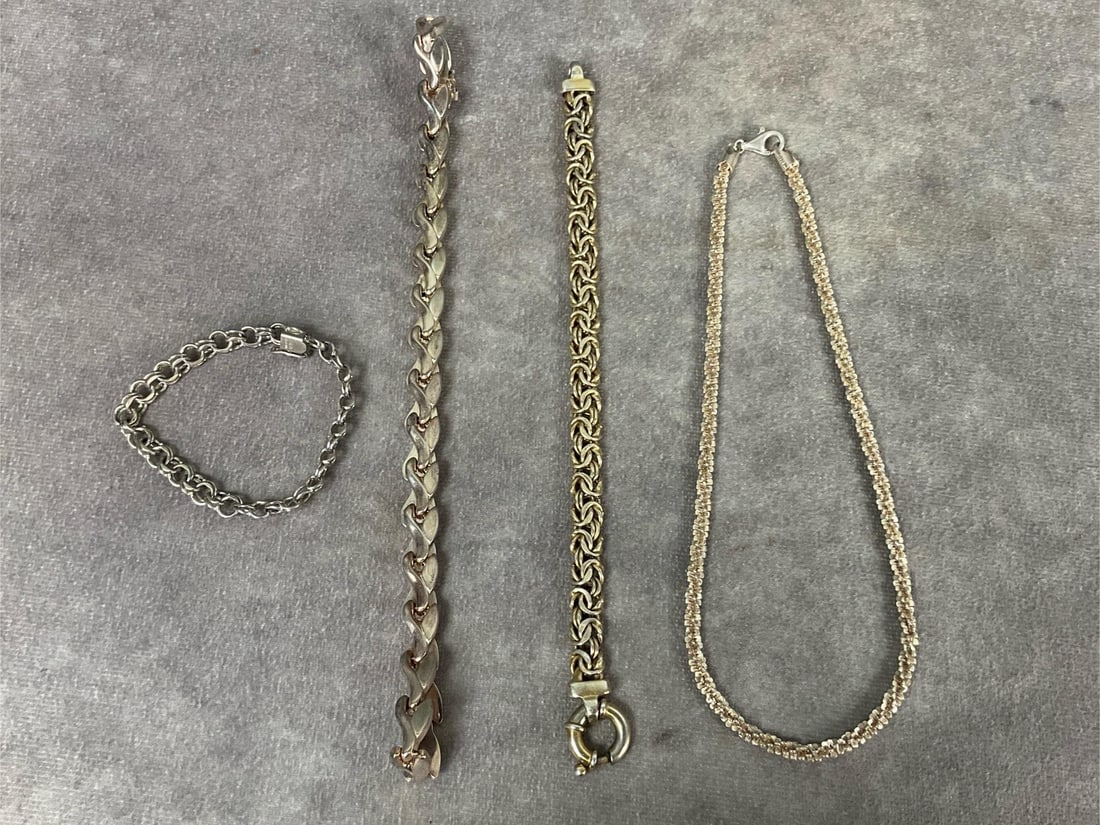 Sterling Necklaces & Bracelets: Four pieces all marked .925 or sterling. Three marked Italy, little bracelet marked Elco. 2.31 ozt. Good condition.