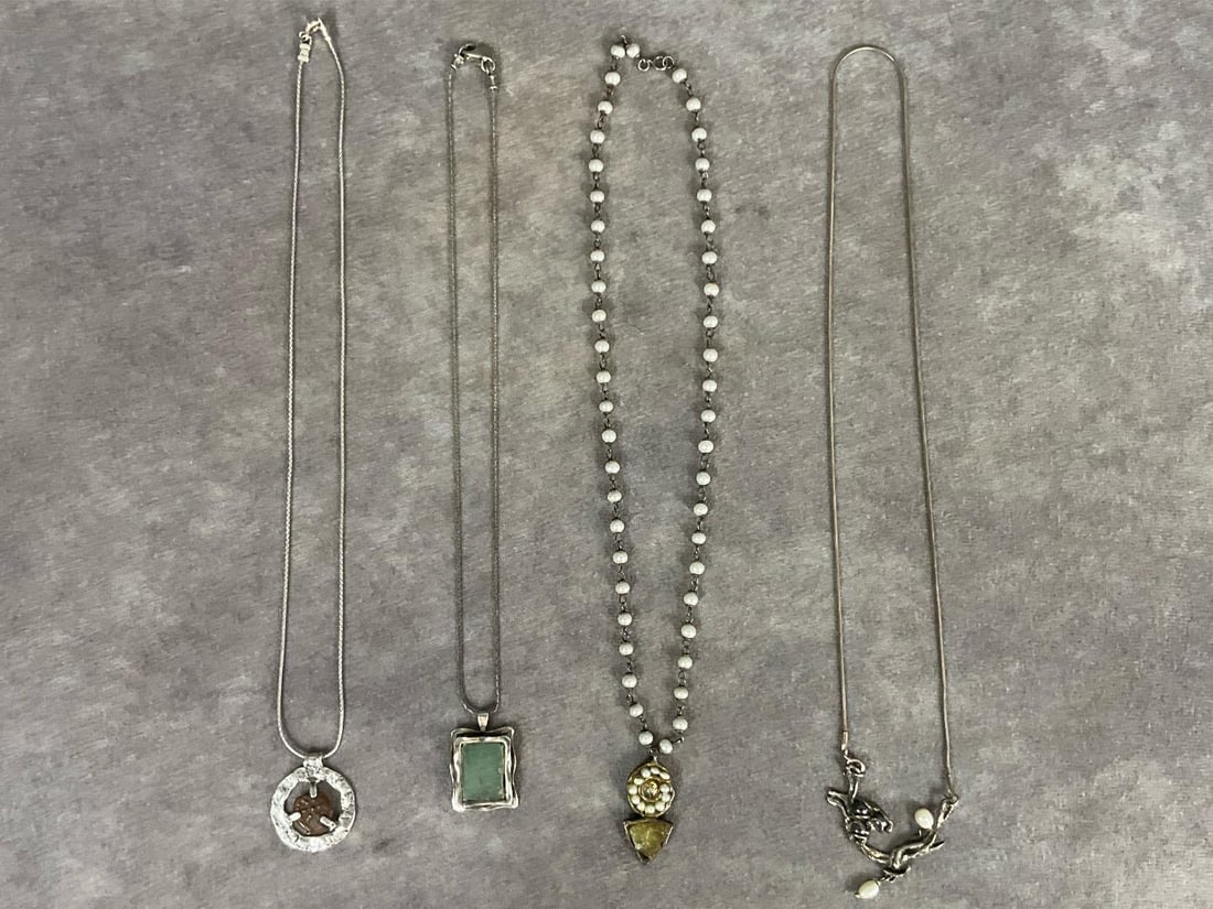 Sterling Necklaces: Two marked Israel PZ and one Ascopa. All marked .925. 1.17 ozt with pendants.