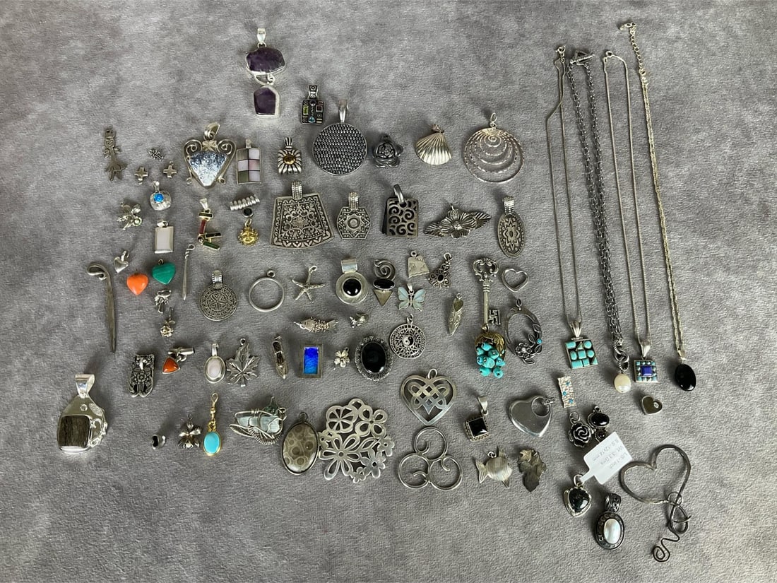 Pendants, Charms, & Necklaces: Excellent variety. Most marked .925. Good condition. Large amethyst pendant is 2.5 inches tall.