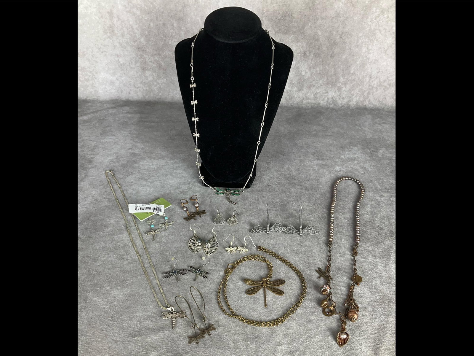 Dragonfly Jewelry: Necklaces and pierced earrings. Many are sterling silver marked .925. Good condition. Pendant with green wings is 1.5 inches wide.