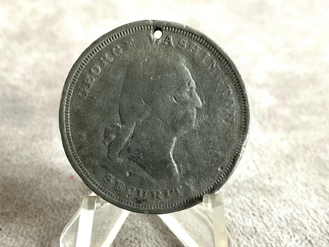 Civil War ID Disc: A post war piece made for reunions and G.A.R. functions. The front with George Washington Security was created by Robert Lovett Jr. The back was engraved with the soldiers name, company number, regime