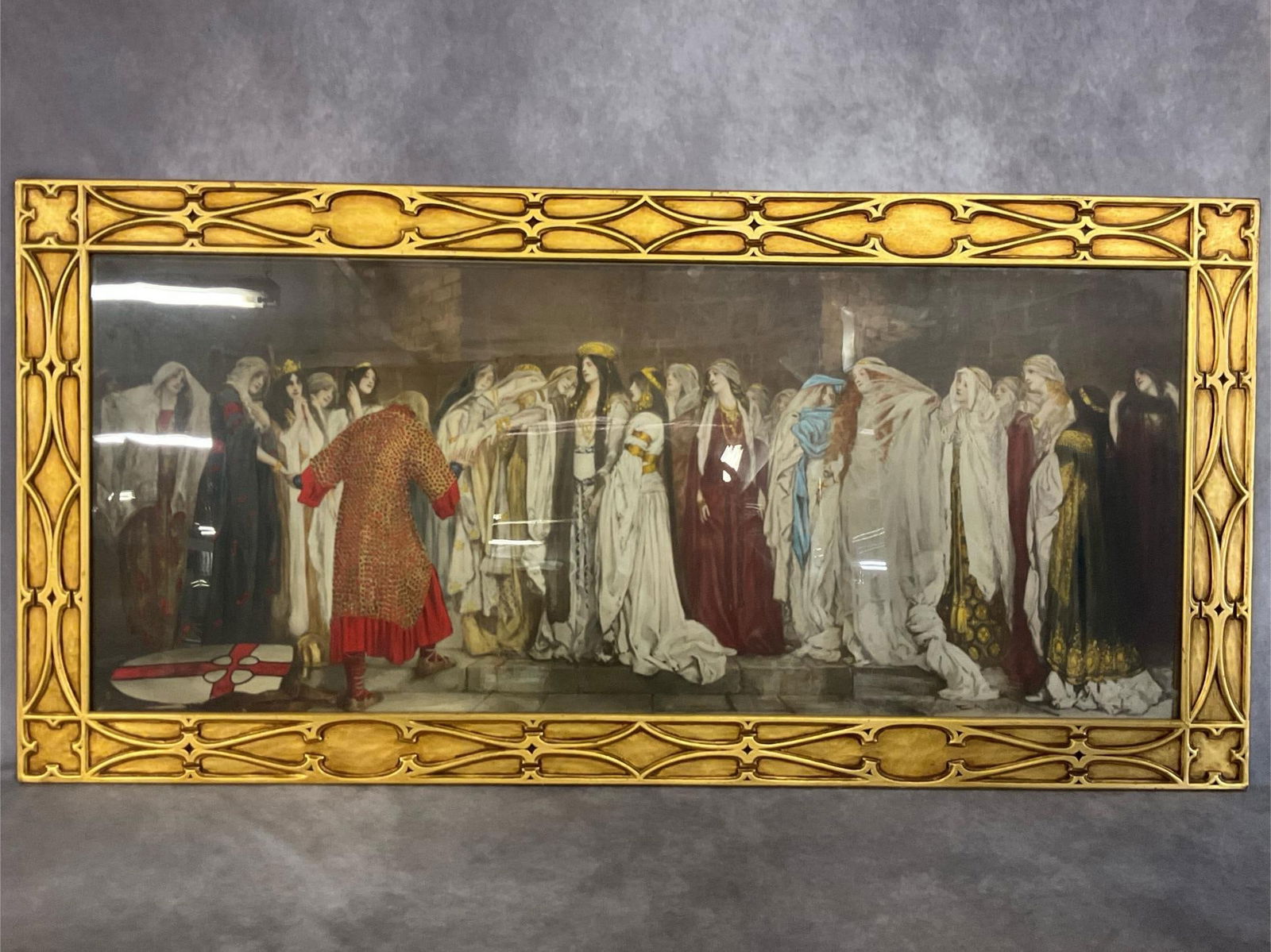 Quest of the Holy Grail Framed Print: Panel IX: The Castle of the Maidens by Edwin Austin Abbey ( American 1852-1911 ). Original artwork was painted in 1898. This print has hand painted enhancement in yellow gold on many of the necklaces,