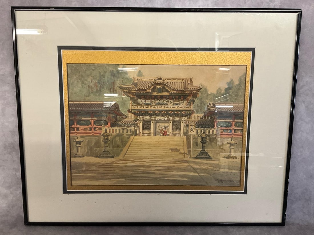 Original Japanese Watercolor of a Temple: Signed by the artist M. Kawakubu for Kawakubo Masano. Early 20th century. Framed behind glass. Framed dimensions are 20 inches wide x 16 inches tall. Sight size 12.75 inches wide x 9 inches tall. Debr
