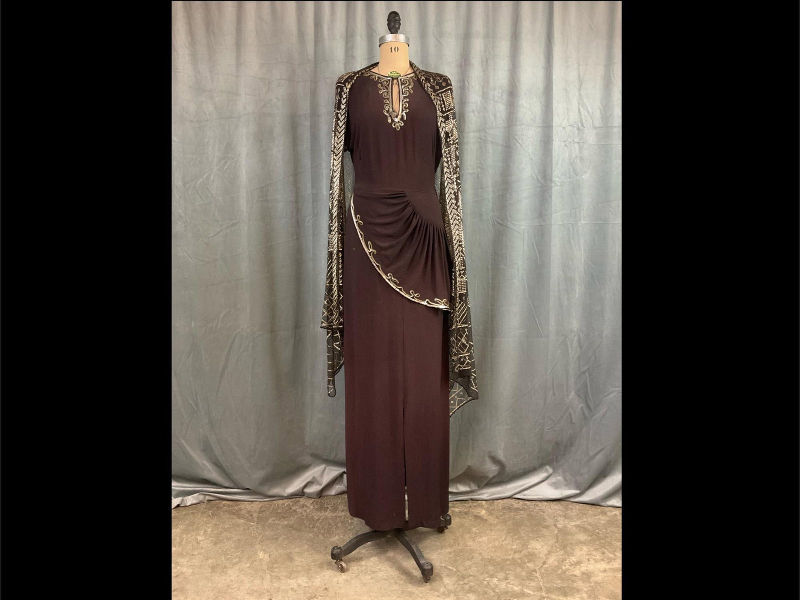 Art Deco Dress & Dress Form: Home made, machine stitched dress with sequin appliqués. Metal mesh shawl with Egyptian Revival pattern. Cast iron dress form made by Cavanaugh Form Company Broadway NY. Marcasite necklace marked 925