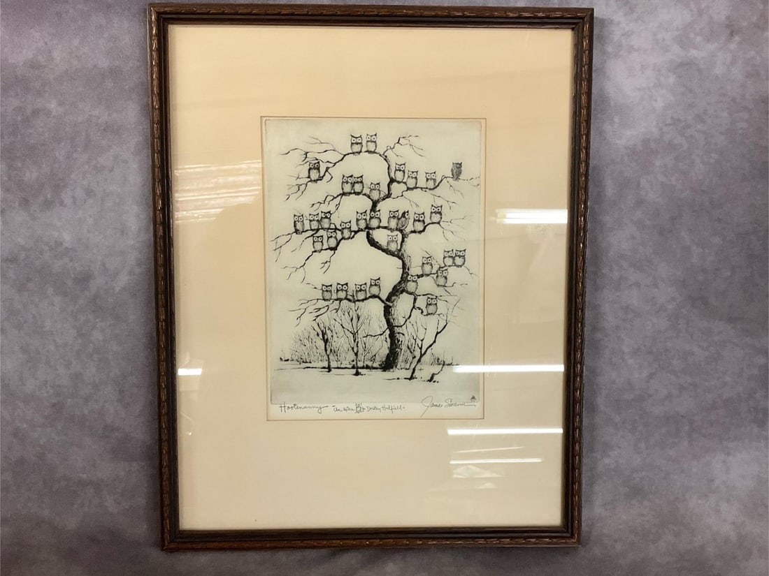 Hootenanny by James Swamm: Hootenanny Etching of Owls by James Swann (b.1905, Midwest United States). Numbered etching 26, and signed in pencil. Framed and matted under glass. Good condition. Framed dimensions 14.5 inches wide