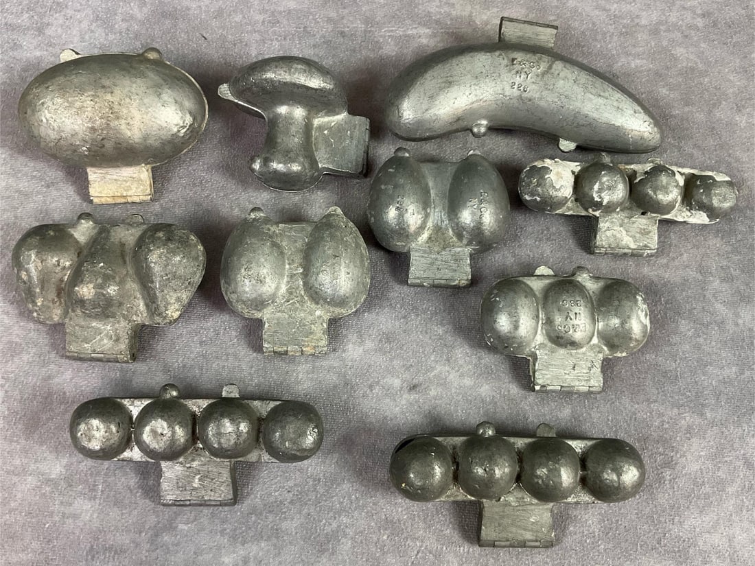 E&Co Ice Cream Moulds: Turn of the century pewter moulds marked NY and with mold number. Banana, mushroom, egg, pear, and more. Most in good condition. Banana measures 5.75 inches long x 3 inches wide.