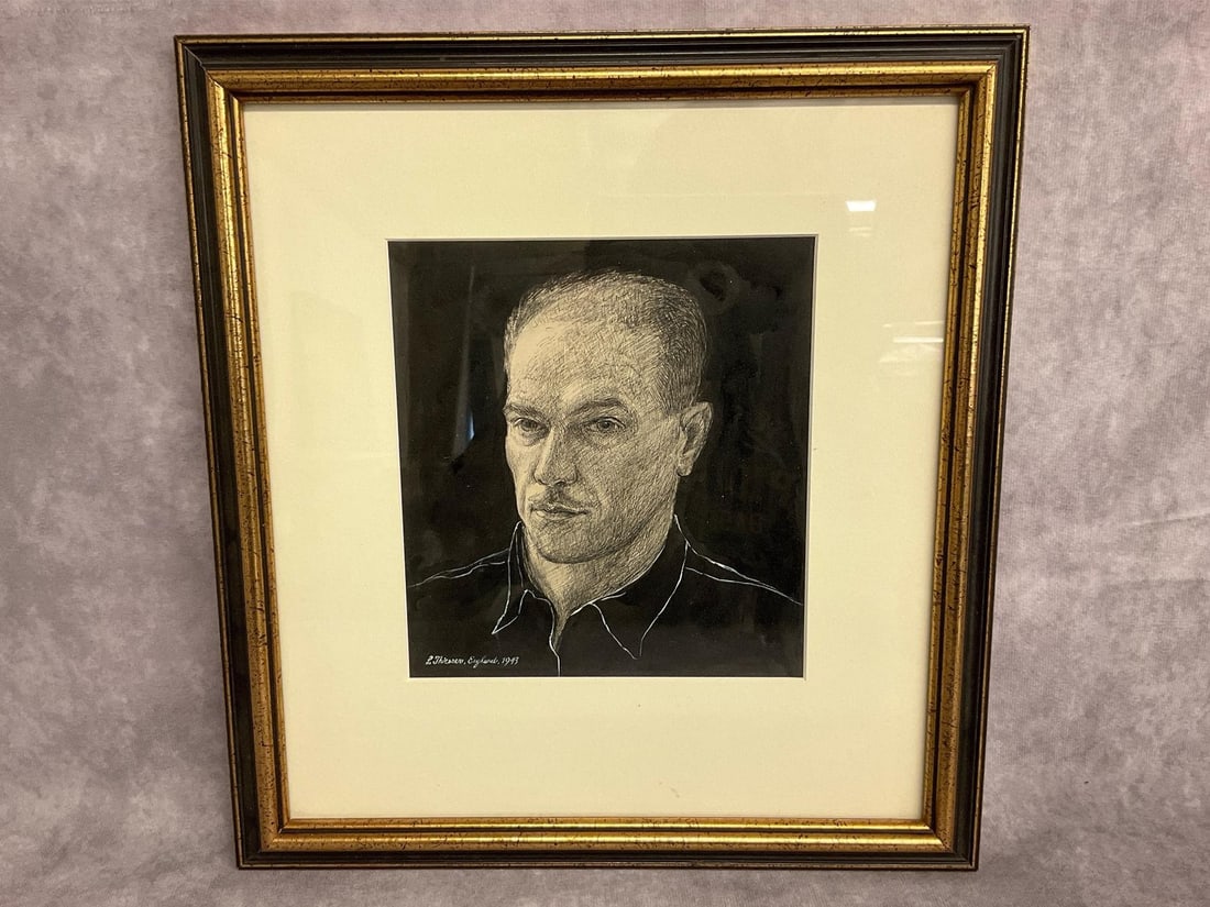 Artist Signed Portrait: Leonard Thiessen signed Drawing dated 1943, listed American artist. Born in Nebraska 1902 died 1989. In a gold and black frame, measures 12.75 inches wide x 14 inches tall. Good condition.