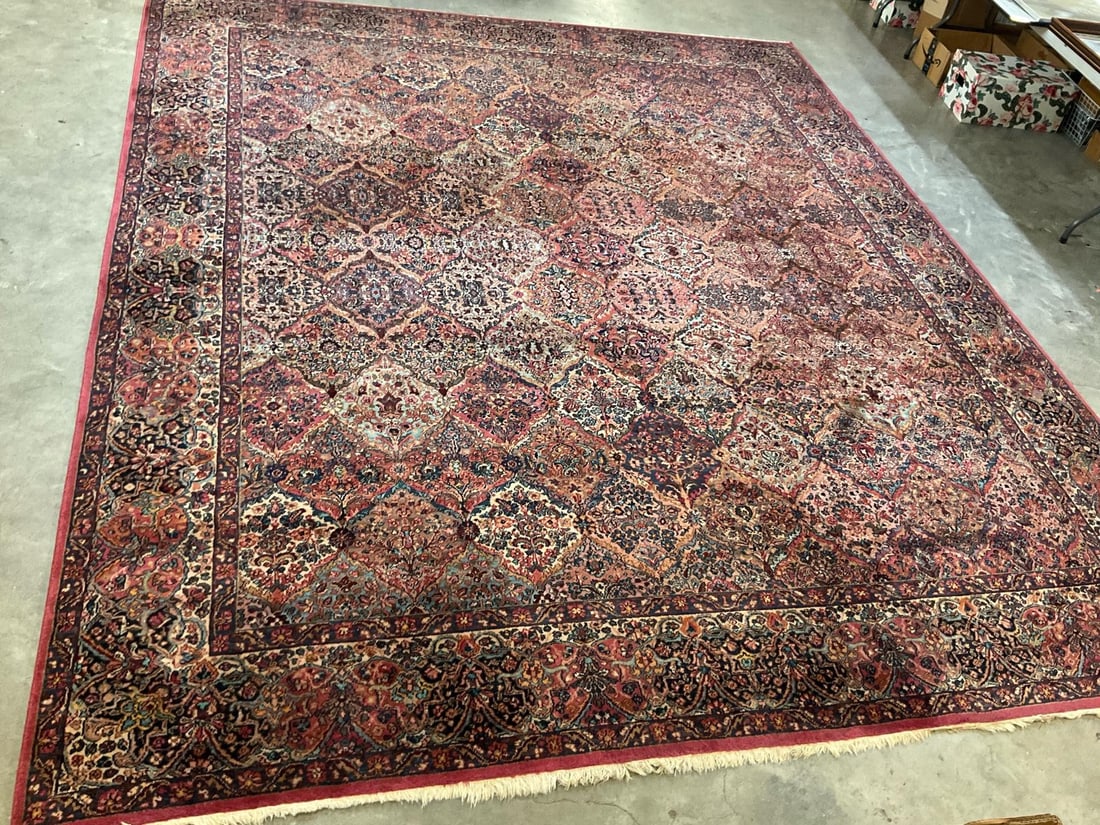 Large Area Rug: Rug is in good condition, but does have staining to fringe. Measures 11 feet wide x 14 feet long