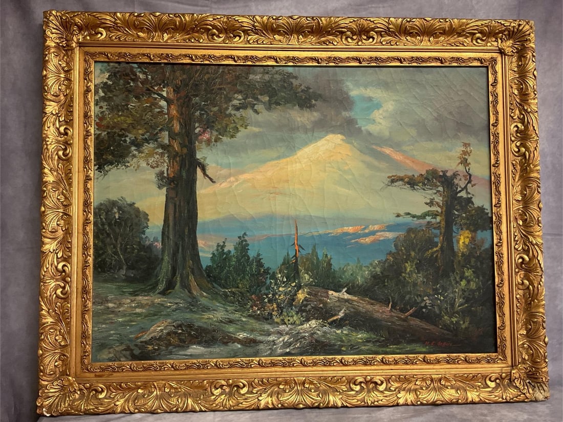 Painting After R. Atkinson Fox: Signed M. E. Jeffers. Oil on canvas of Mt. Hood, Oregon after an early 20th century picture by R. Atkinson Fox. Crackling throughout canvas. Frame has been repainted, some damage to corners. Framed di