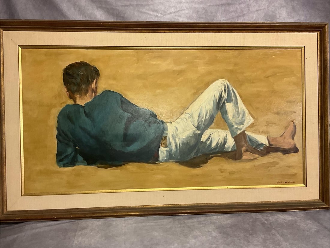 Gunnar Anderson Original: Signed oil painting by Gunnar Donald Anderson ( 1927 - 2022 ) California and New York. Painting is of young boy resting on beach and in good condition. Frame and mat are in fair condition with some ch
