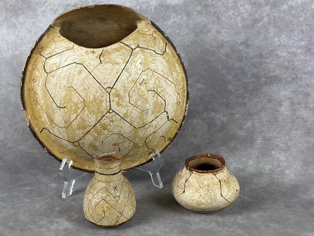 Shipibo Tribe Peruvian Pottery: Three pieces total. According to consigner, family members were oil explorers in Peru during the 1930s and 1940s. This pottery piece is believed to be from the Shipibo tribe. All pieces have chips, an