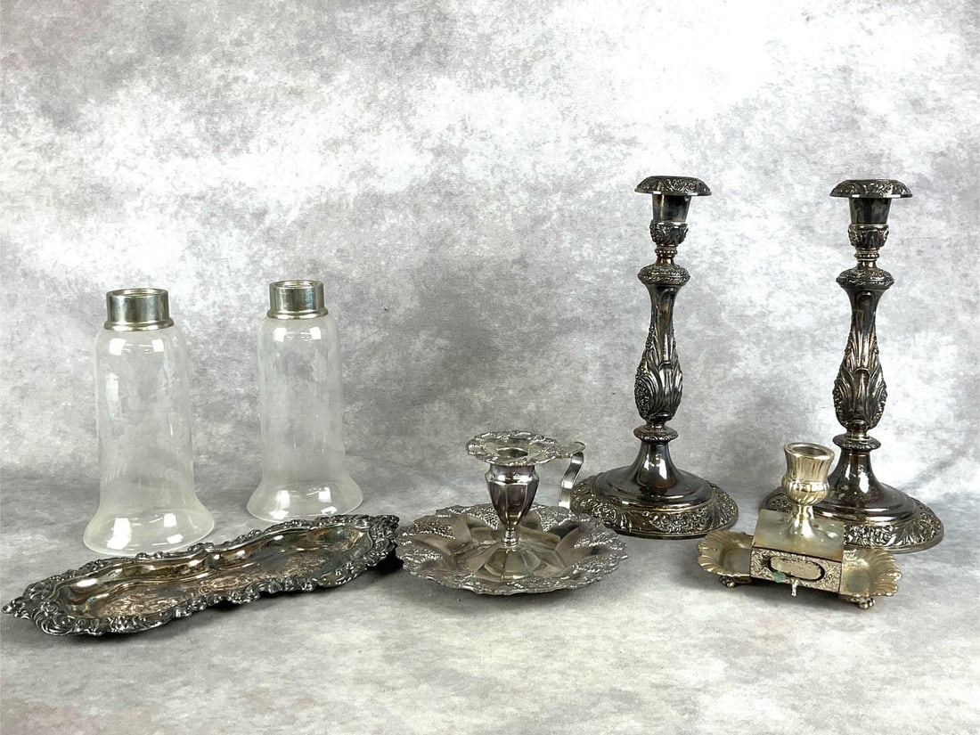 Candelabras, Candlesticks & More: Two candelabras, two candle sticks, a tray and two glass votives. All in fair to good condition. Candelabras measures 12 inches tall x 5.75 inches wide at base.