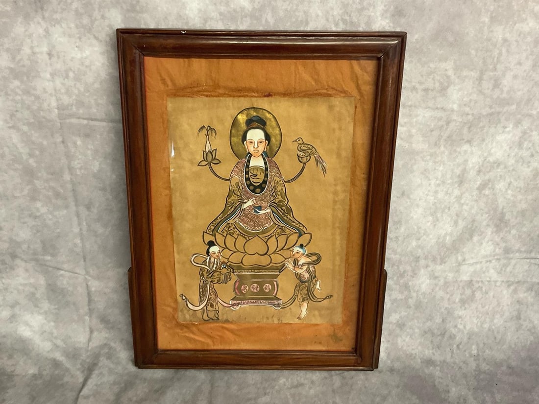 Asian Painting on Silk with Gold Gilt: Fair to good condition with apparent water damage near bottom. Wooden frame has light wear and measures 15 in x 20 in. Image size is 10 in x 13.5 in.