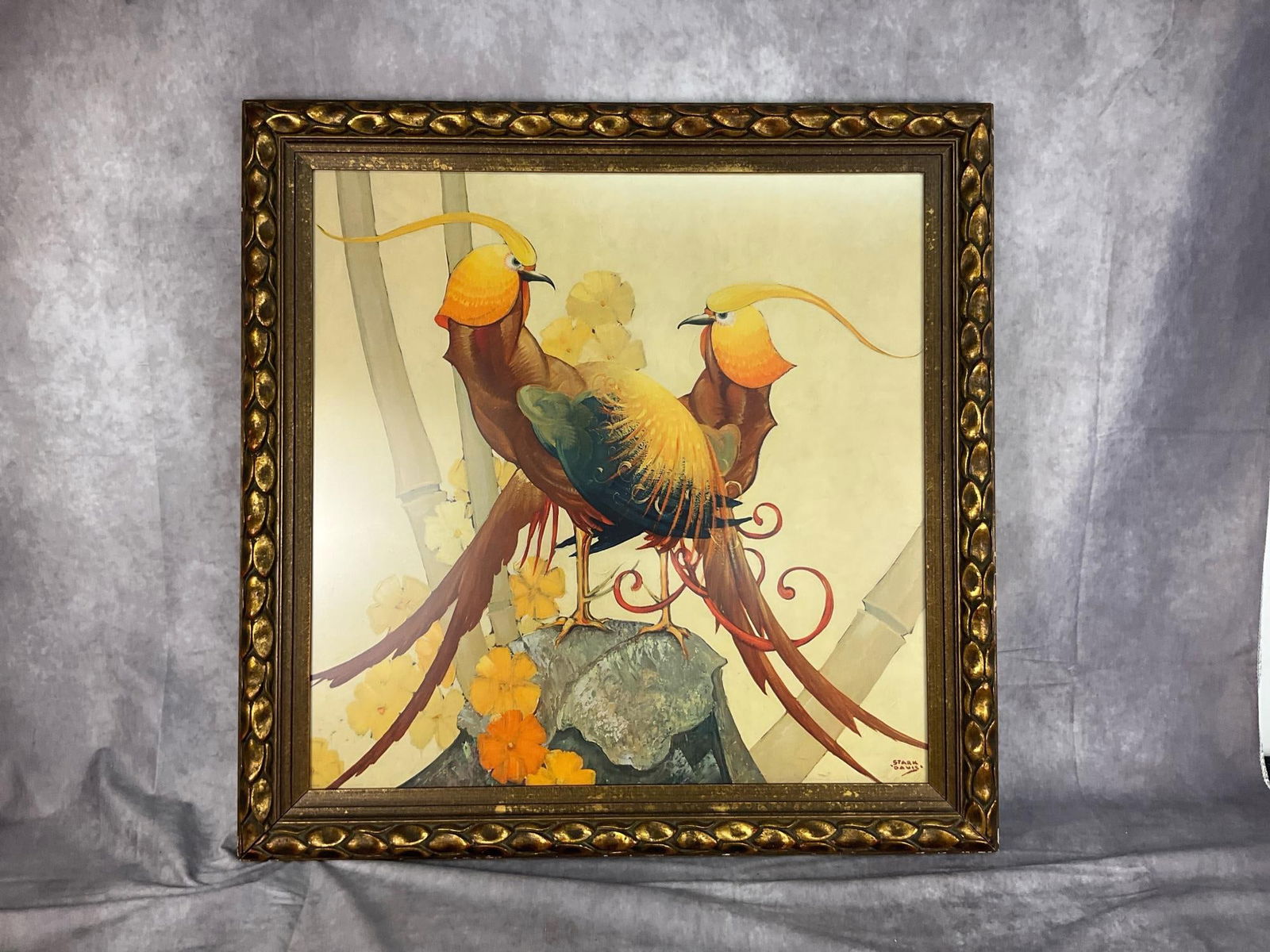 Large Vintage Stark Davis Print of Pheasants: This vintage print by Stark Davis (b.1885-d.1950) is in a 28 in x 28 in frame. Print is in good condition with bright colors. Frame has light general wear.