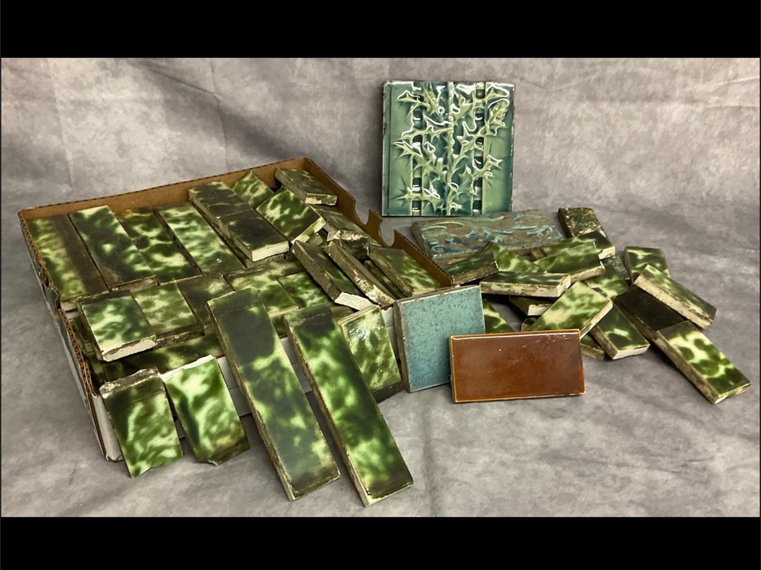 Arts & Crafts Majolica Tiles: American, circa 1900. One glazed majolica tile with a blooming thistle design. 6 x 6 inches. Made by Beaver Falls Art Tiles of Pennsylvania. Also tiles marked Trent. Many tiles are 6 inches long x 1.5