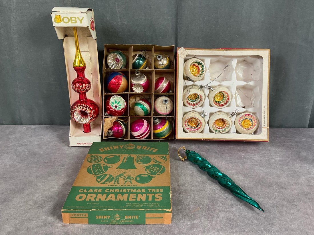 Mid Century Christmas Ornaments: Coby Glass Products indent tree topper, partial box of Czechoslovakia indent mica frosted ornaments, Shiny Brite box with mixed ornaments inside. Seven Shiny Brite ornaments, others marked Poland and