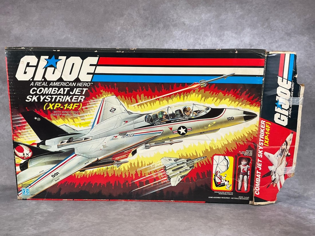 G.I. Joe Combat Jet Skystriker: 1983 XP-14F, Hasbro Company. Includes GI Joe Pilot Ace, two spare missiles, two jet engines, six rockets, and a jet. Missing GI Joe Folder, instructions, and blueprints. Labels are peeling some and th