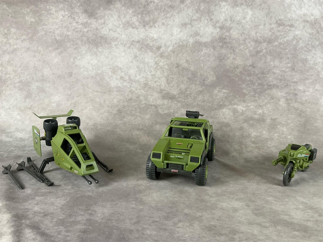 G.I. Joe Motorcycle, Sky Hawk & Vamp Jeep: All are made by Hasbro. 1982 Rapid Attack Motorcycle, with the side cannon taped on and a missing kickstand, a 1982 Vamp Jeep, and a 1984 SkyHawk with missiles, missing one back panel. All are in good