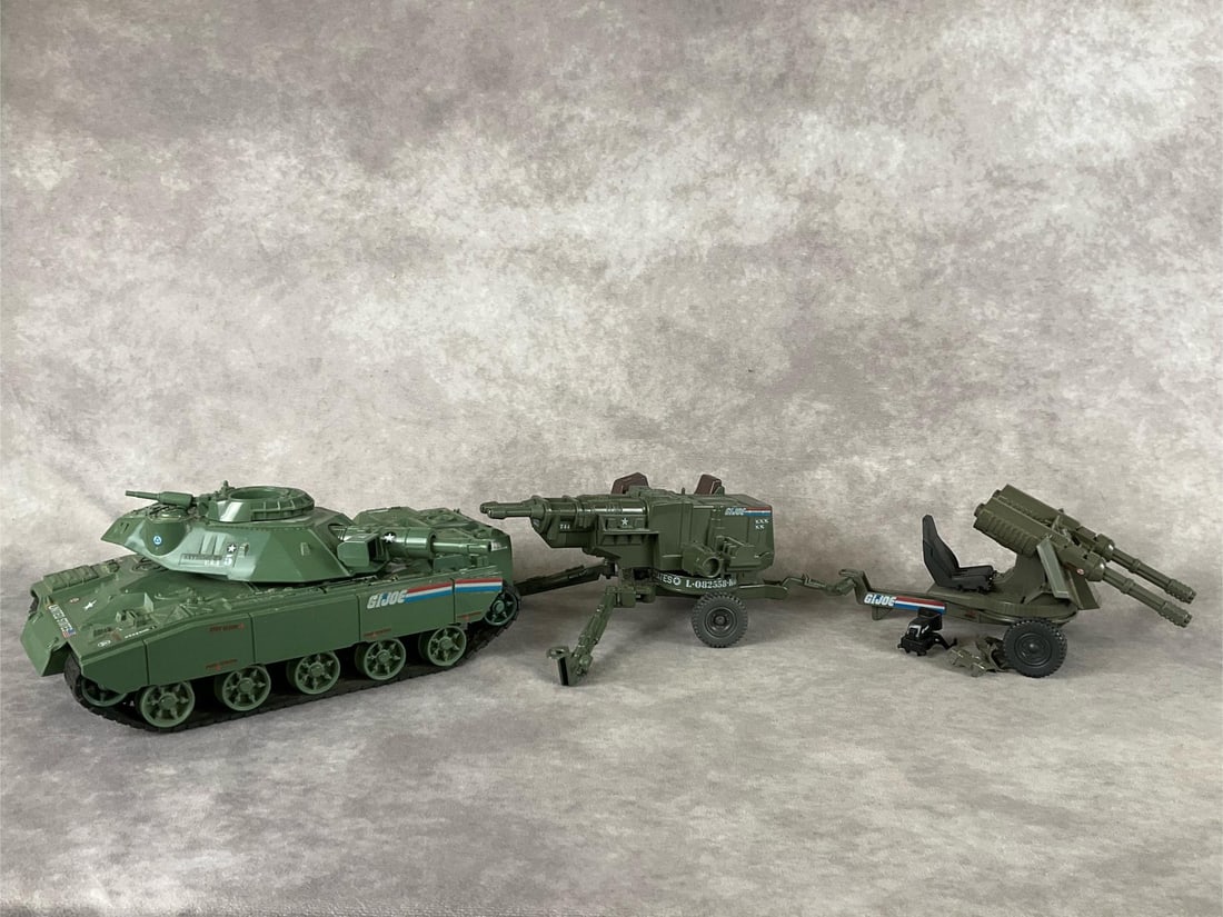 G.I. Joe Heavy Artillery Laser, Whirlwind Twin Battle Gun & Motorized Battle Tank: All three are made by Hasbro. 1982 Heavy Artillery Laser, 1982 Motorized Battle Tank, untested, and a 1983 Whirlwind Twin Battle Gun with three of the four panels and computer control. All are in good