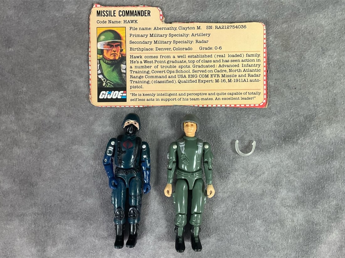1982 Hawk & 1982-83 Cobra Soldier: Lot of two G.I. Joe figures. One is a Hawk. Straight arm version, complete with original accessories. Loose torso. Paint wear to left hand and boot. The other one is Cobra Soldier. Swivel arm version,