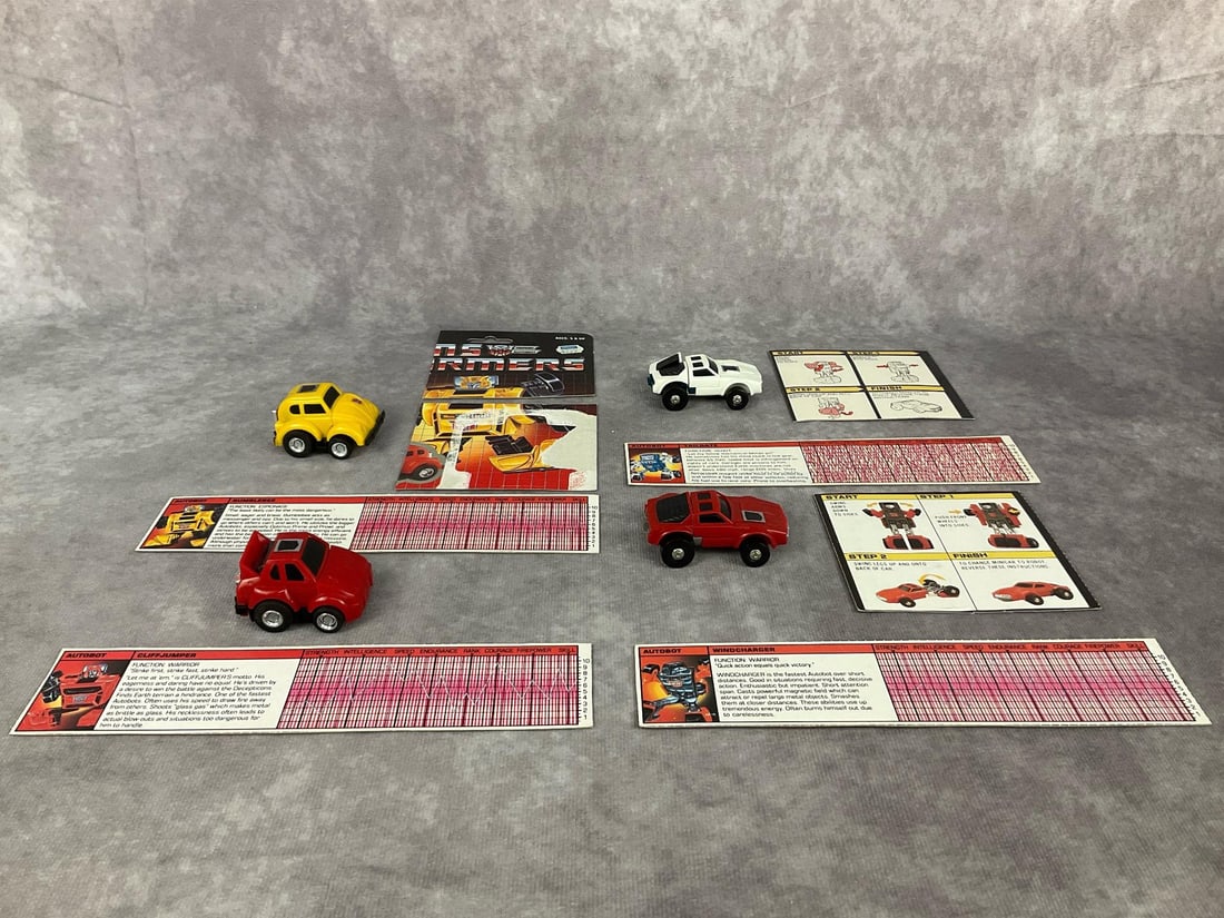 1980's Autobot Transformers: Lot of four mini transformers made in Japan. Bumblebee marked Takara 1980-1984, Cliffjumper marked Takara 1974-1983, Tailgate marked Takara 1983-1985, and Windcharger marked Takara 1974, 1983. Cliffju