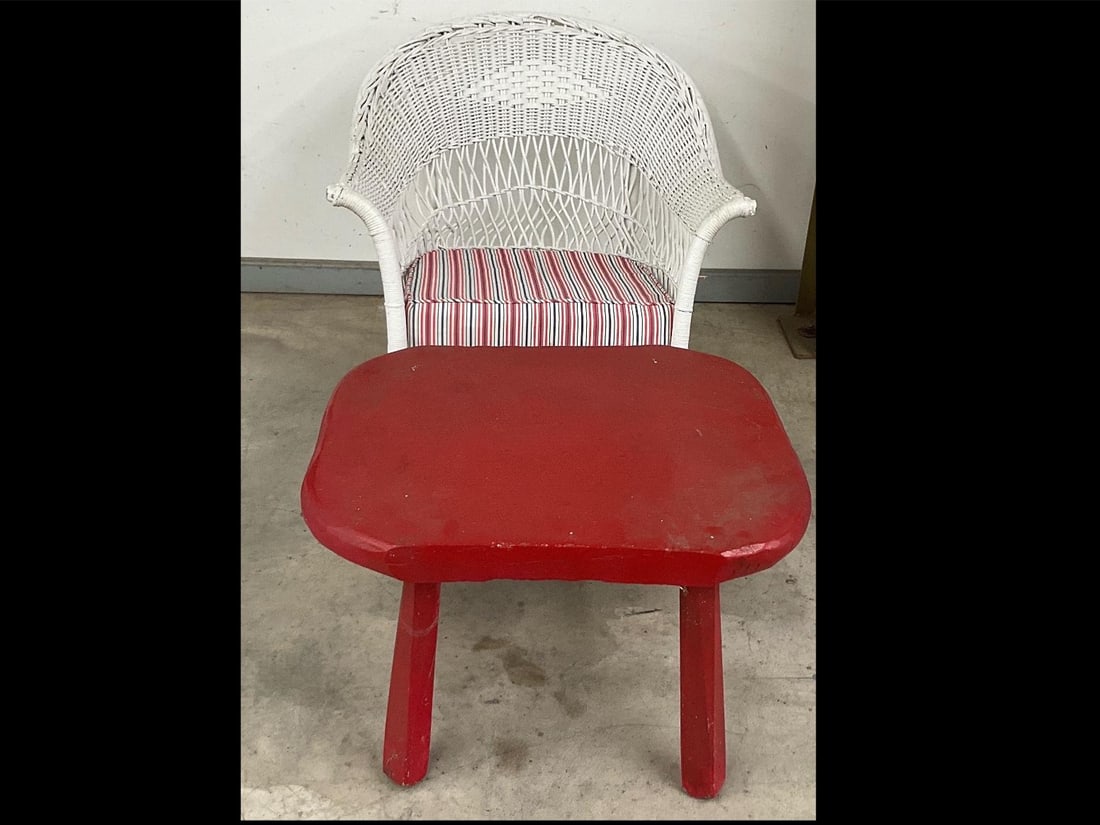 1920's Wicker Rocker & Foot Stool: Painted white, believed to be from the 1920s.Rocker has been refinished and seat has been replaced. Hand made table. Sturdy and in good condition, chair measures 29 inches wide x 25 inches tall.