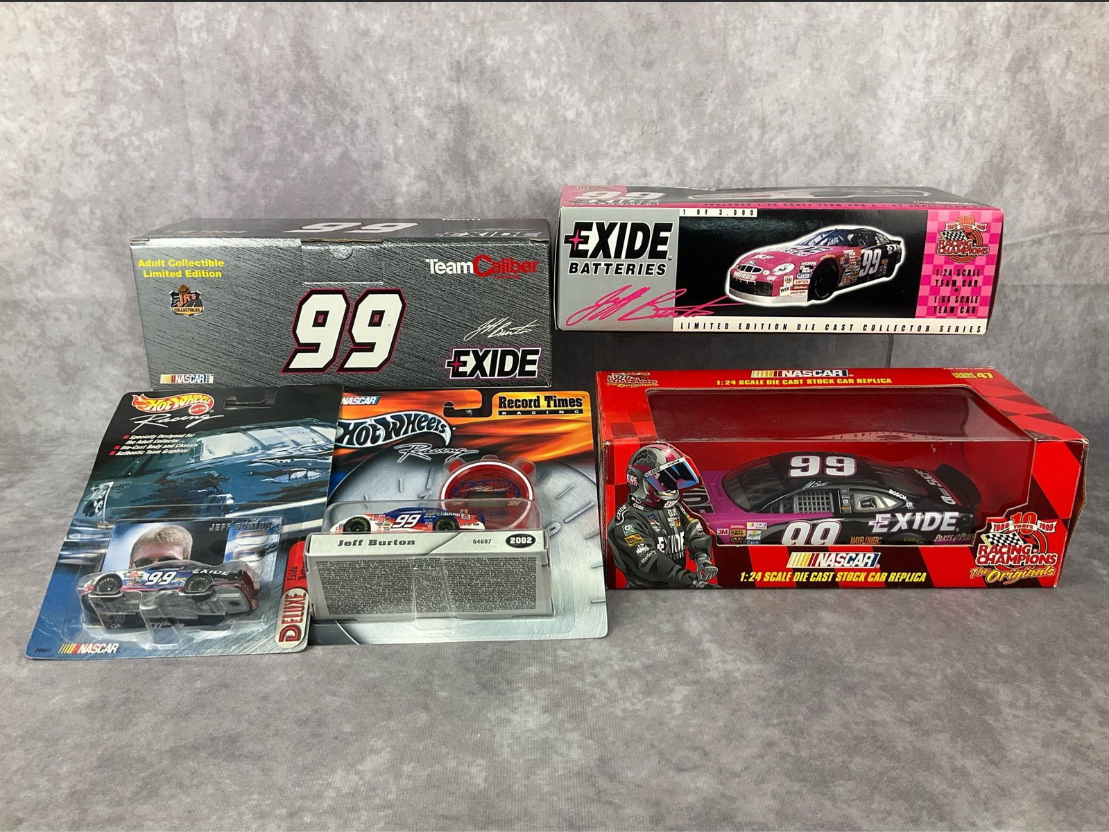 Die Cast Nascar Cars: Lot of five cars, three from 1999 and two from 2000. All in original boxes and packaging, good condition. Largest box measures 10.5 inches long x 5.5 x 3 inches tall.