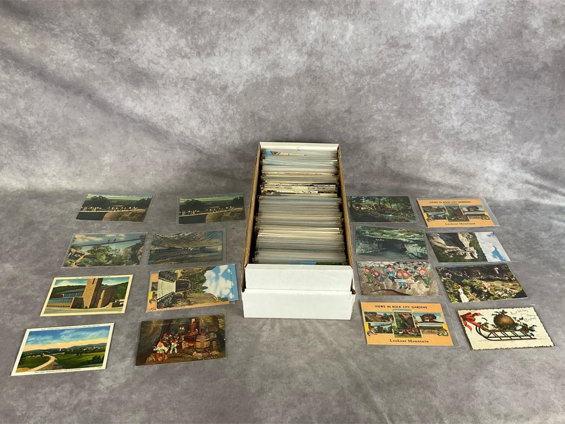 Lot of Approximately 700 Postcards: Mostly touristic and town views from various time periods, including miscellaneous states, and foreign countries. Some in plastic sleeves. Circulated and non, in good to fair condition. Some have mult