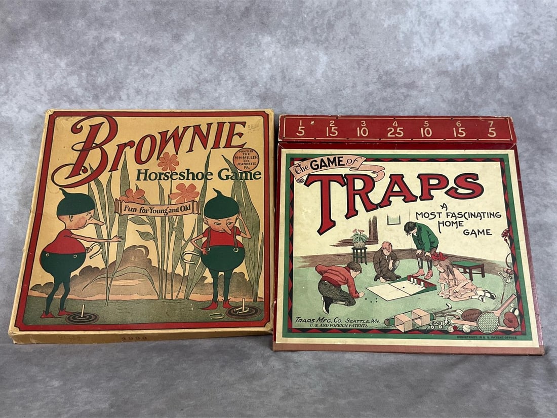 1920's & 1930's Games: Includes a 1920s Brownie Horseshoe Game and a 1930s Game of Traps. Both appear complete, but not guaranteed. Brownie game measures 12 inches wide x 12 inches tall.
