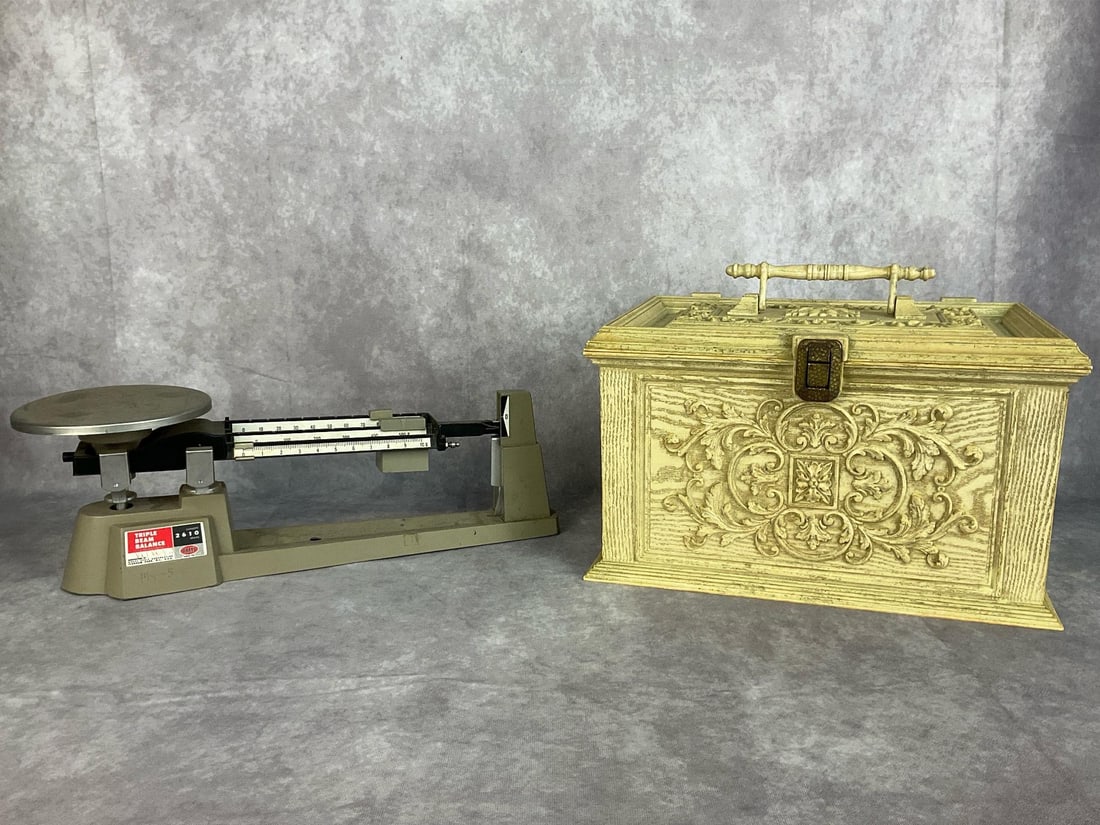 Max Klein Sewing Box & Scale: A plastic sewing box with a tray and sewing supplies inside, as well as an Ohaus triple beam balance gram scale. The sewing box measures 14 inches in length x 10 inches wide x 9 inches in height. Item