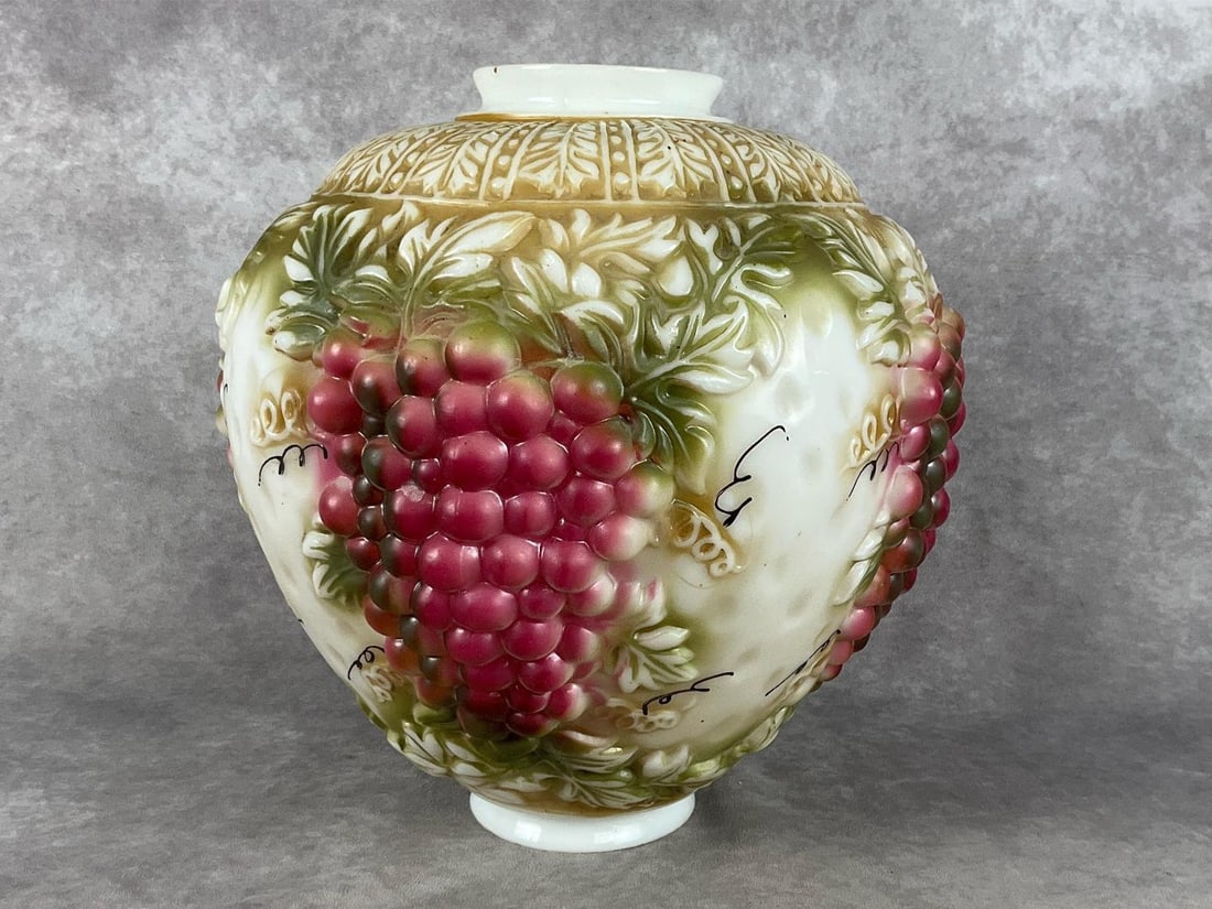 Carl Falkenstein Grape Clusters Globe: Mid century Victorian inspired globe with ornate accents. Made by EF & EF Industries in Chicago, Illinois. This globe can be used for a hanging lamp or table lamp. Good condition, measures 12 inches w