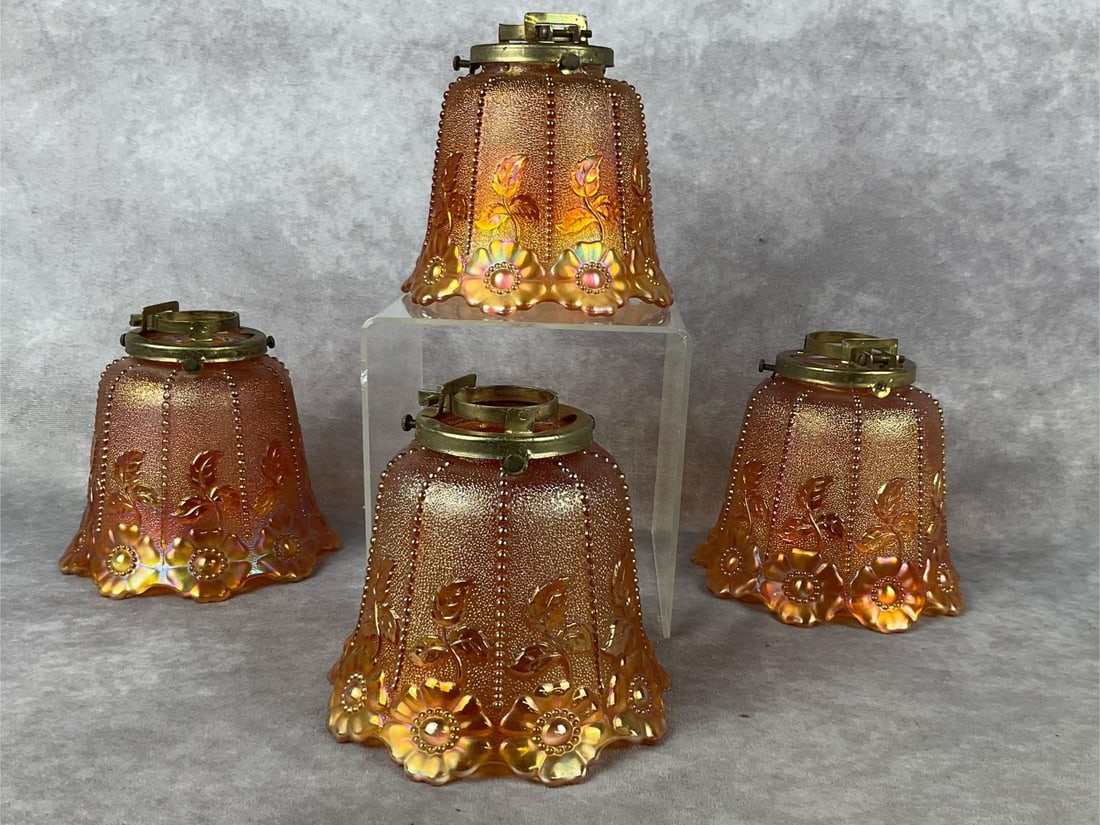 Northwood Boudoir Lamp Shades: Daisy Chain Marigold design, iridescent orange. In good condition. Each shade measures 5 inches wide x 4 inches tall.