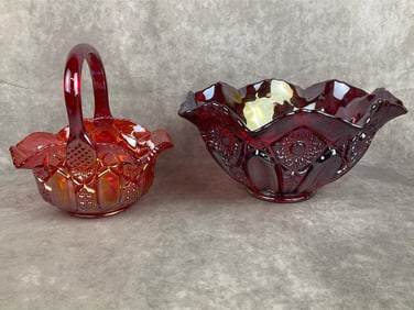 L.E. Smith Carnival Glass Basket & Bowl