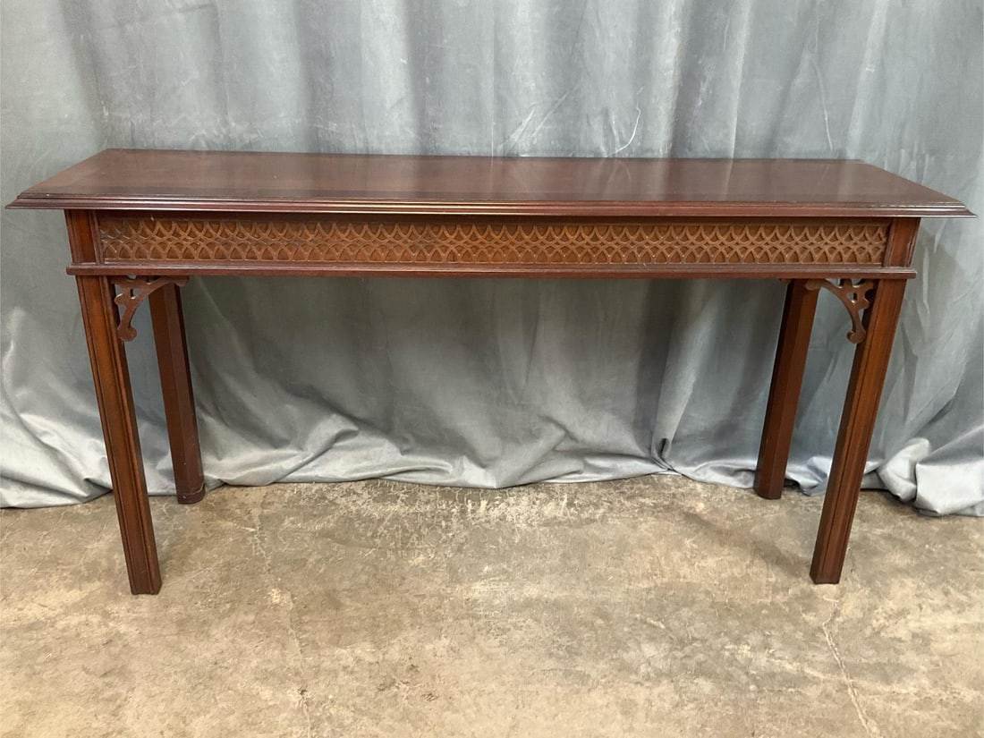 Council Craftsman Console Table: 1970s console table with diamond cut design, made by Councill Craftsman. Good condition. Measures 54 inches long x 15 x 27 inches tall.