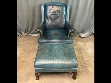Blue Leather Chair & Ottoman