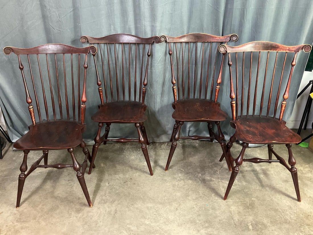 Curtis Buchanan Chairs: 1992 replicas of 18th century Butterfly Windsor Chairs, made by Curtis Buchanan in Jonesborough TN. All show signs of wear. Each measures 23.5 inches wide x 17 x 37.5 inches tall.