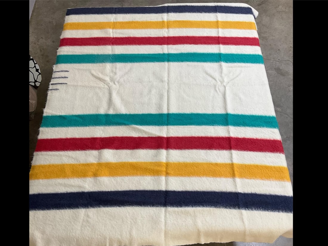 Witney Point Blanket: Vintage four point, Witney Point wool blanket made in England. Four color bands at either end. Good condition. Measures 64 inches wide x 83 inches long.