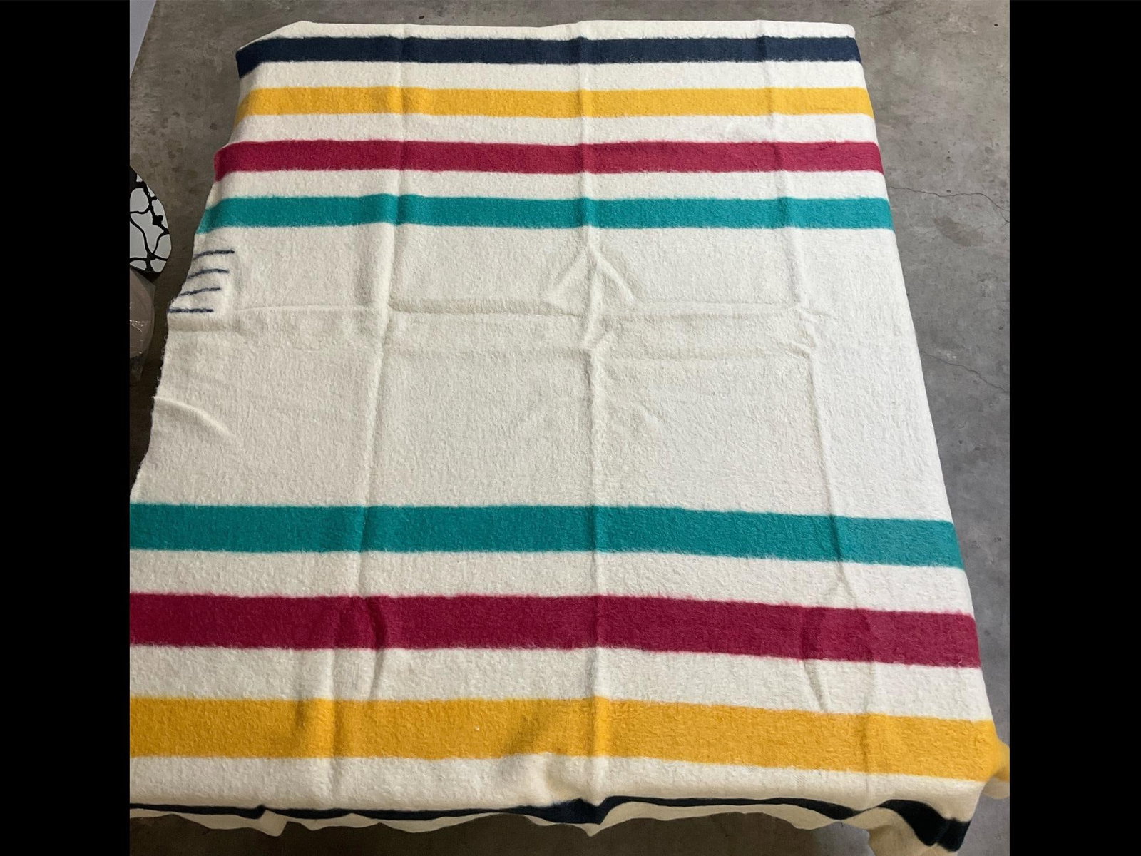 Witney Point Blanket: Vintage Original Witney Point wool blanket made in England. Four color bands on each end. Blanket is worn and slightly faded. Measures 71 inches wide x 88 inches long.