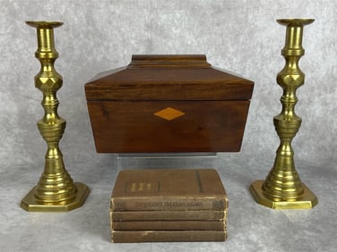Tea Caddy & Candlesticks
