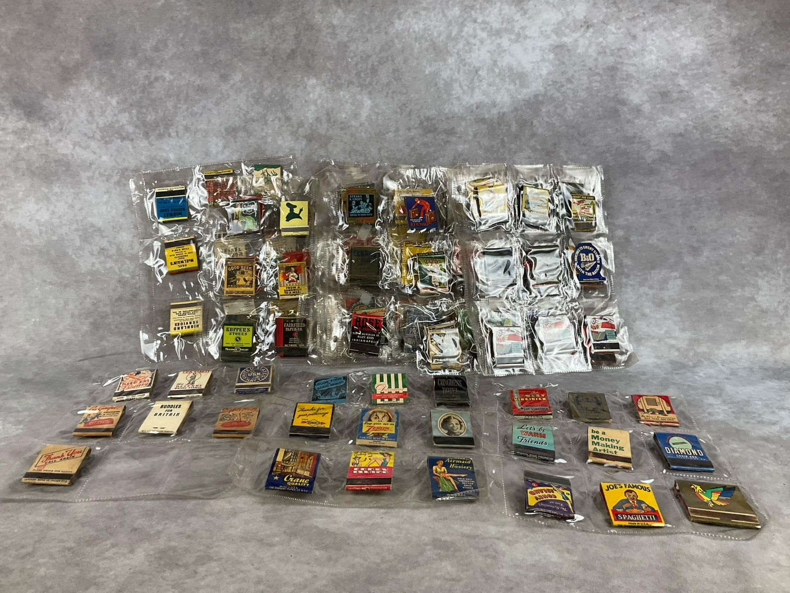 Vintage Matchbook Collection: Over 125 vintage matchbooks. Hotels, destinations, political, fashion, pinup, food and more. All are in protective plastic sleeves and are in good condition . Each plastic sleeve measures 9 inches wid