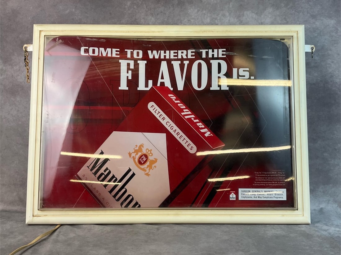 Marlboro Advertising Light: Modern Marlboro light. Tested and works. Measures 28 inches wide x 21.75 inches tall.