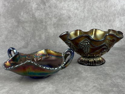 Fenton & Northwood Bowls: Fenton glass cobalt blue iridescent vine candy dish and Northwood Star of David with bows footed bowl in amethyst carnival glass. Both in good condition. Northwood bowl measures 3.5 inches wide x 3.5