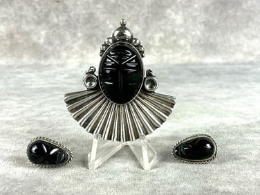 Sterling Silver Black Onyx Brooch & Earrings