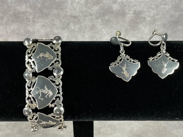 Sterling Siam Niello Hindu Goddess Bracelet & Earrings