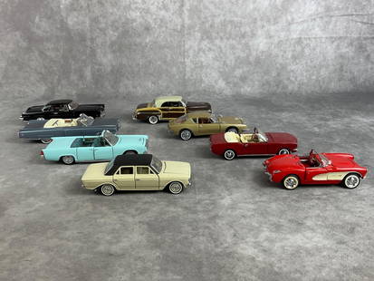 Franklin Mint Vehicle Lot: Eight Franklin Mint Die Cast replicas. All in good condition. Metallic blue car measures 5.25 inches wide x 1.5 inches tall.
